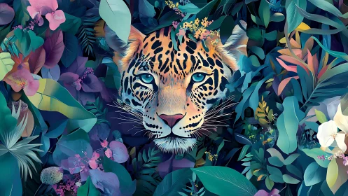 Leopard Portrait in Floral Sanctuary: Digital Illustration.