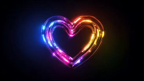Neon light trail heart with vibrant multicolor glow.