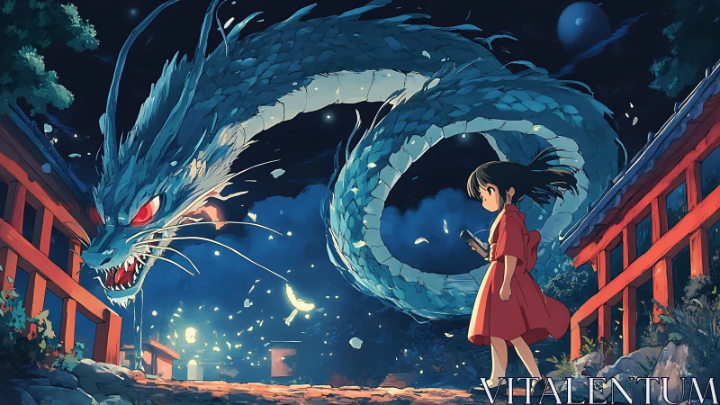 Anime nightscape with serpentine spirit dragon and shrine gates.