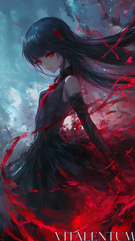 Crimson-eyed sorceress commands swirling red energy storm.