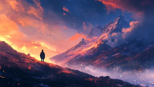 Solitary traveler watches burning dusk over towering peaks
