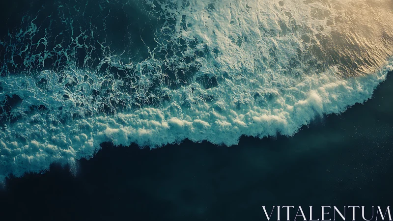 Aerial ocean surf line with foaming turquoise waves.