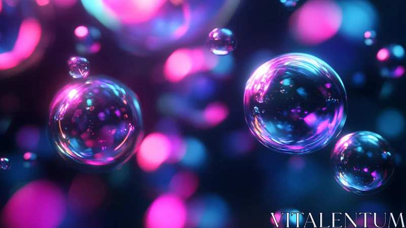 Floating Soap Bubbles with Neon Lights in Abstract Style.