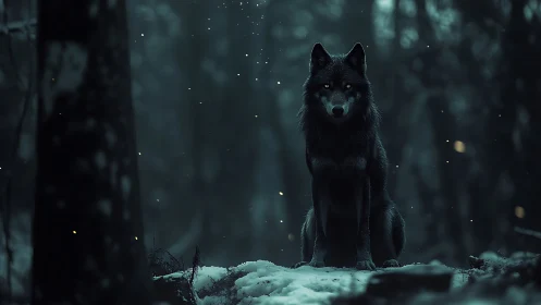 Moonlit midnight wolf keeping quiet watch in snowy pines.