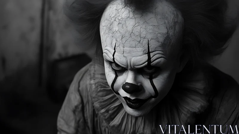 Menacing cracked-face clown in stark monochrome portrait.