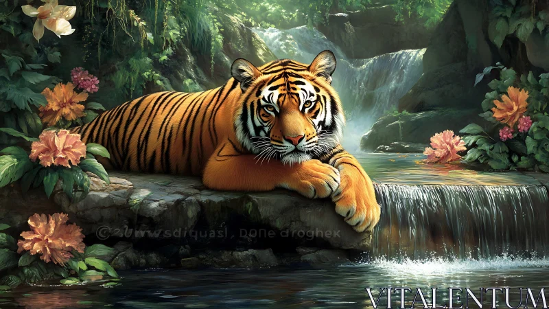 Serene tiger reclining by lush forest waterfall pool.