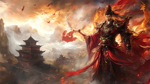 Fiery warrior king guarding a soaring mountain palace.