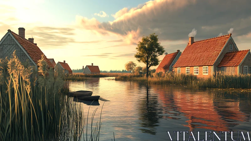 Lakeside cottages under golden sunset with reflective water surface.