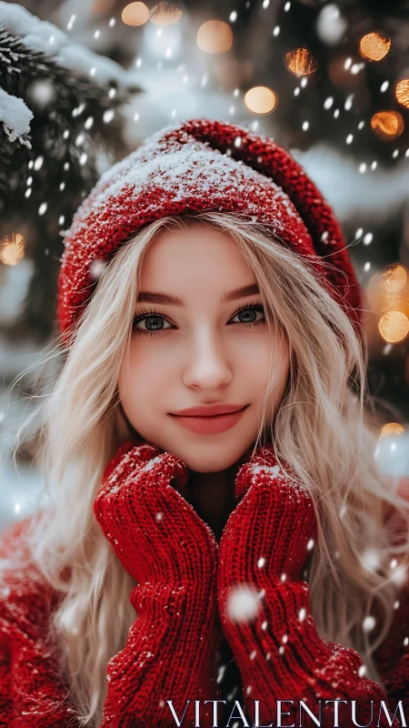 Snowy red sweater glow around a cozy winter smile.