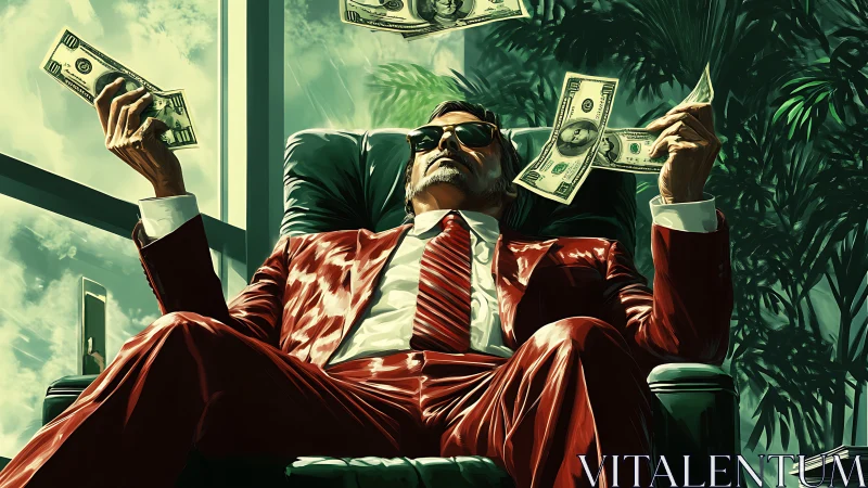 Powerful magnate in red suit reclining with floating cash notes