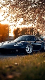 Black sports car parked under spring blossom tree at dusk.