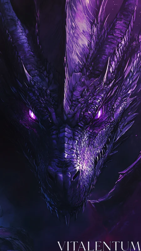Close frontal view of luminous violet dragon head detail.