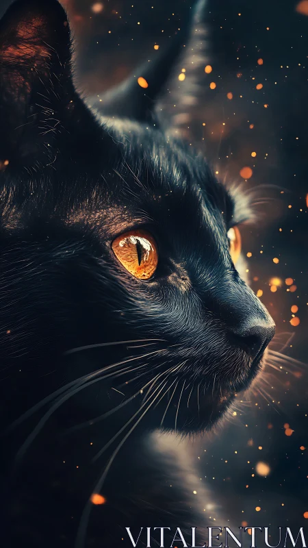Black Cat with Golden Eyes Surrounded by Luminous Particles