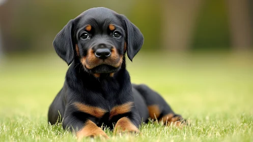 Shallow depth-of-field study of a black and tan puppy on grass