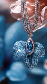 Orchid-shaped sapphire pendant with pavé diamond halo glow.