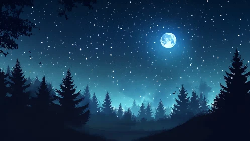 Moonlit Forest Night Under Starry Sky.