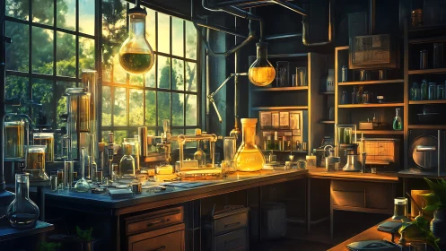 Sunlit vintage laboratory renders warm glass chemistries