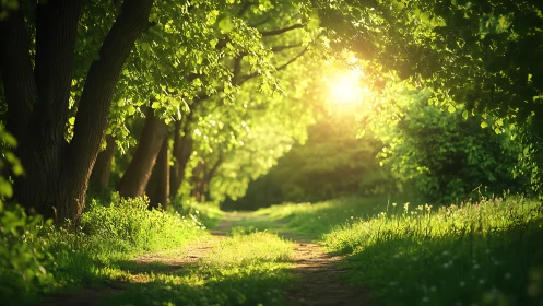 Sunlit Forest Path with Lush Greenery in Serene Natural Style.