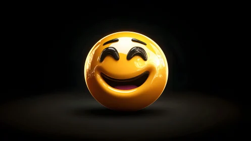 Glossy 3D Laughing Emoji on Dark Background, Digital Art Style.