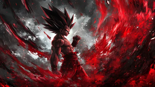 Black haired anime fighter surrounded by red energy storm.