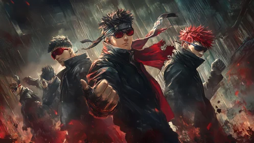 Cyberpunk street squad in dynamic red scarf motion blur