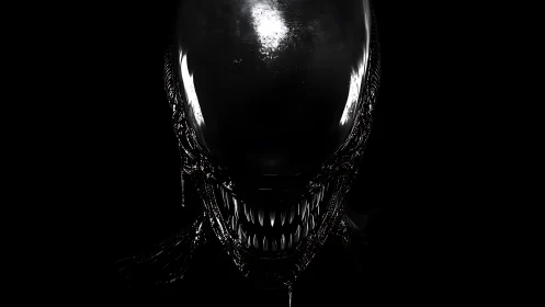 Alien creature portrait with glossy biomechanical skull.