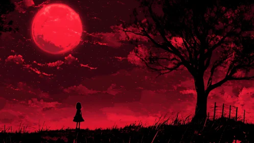 Silhouetted girl studies oversized crimson moon in stylized night sky