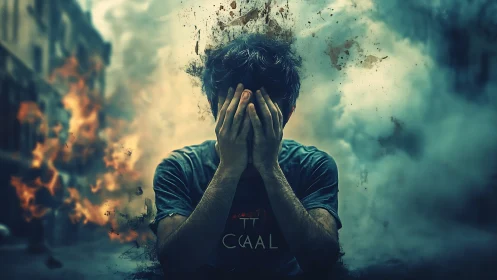 Distressed man holding face amid burning chaotic street scene.