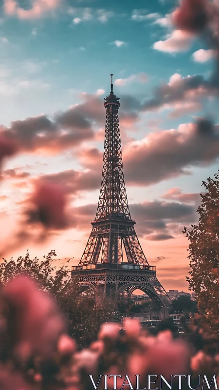 Blush sky crowns Eiffel tower in dreamy Parisian bloomscape.