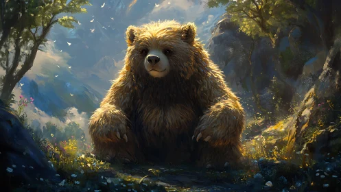 Golden sunlit bear resting in enchanted forest clearing.