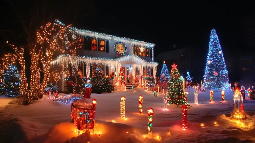 Snowy suburban house drenched in storybook Christmas lights.