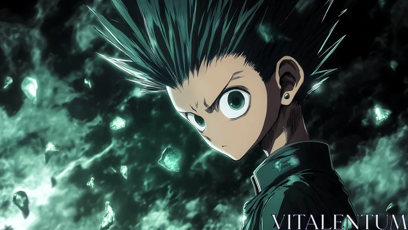 Anime boy channels emerald energy amid shattered light.