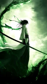 Stormlit swordsman wrapped in swirling green energy calm.