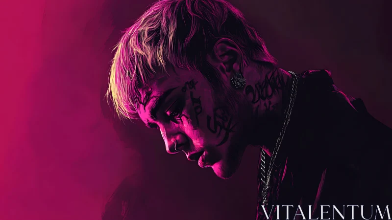 Tattooed man in neon magenta light lowers head in profile