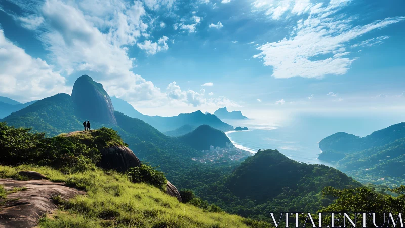 Hikers admire lush coastal mountains under radiant blue skies