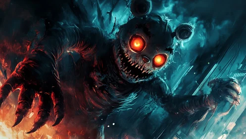 Demonic animatronic bear lunges forward with burning orange eyes