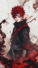 Red-eyed anime warrior enveloped in dynamic crimson smoke fields