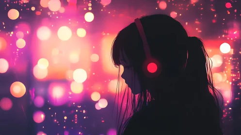 Girl in headphones drifts through neon city lights at night