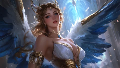 High-fidelity celestial winged warrior in radiant temple space.
