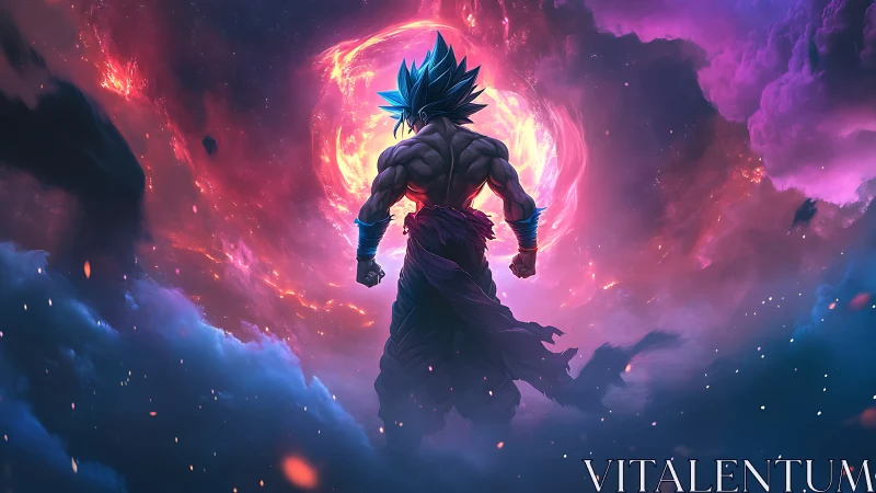 Cosmic anime warrior silhouetted against radiant nebula vortex