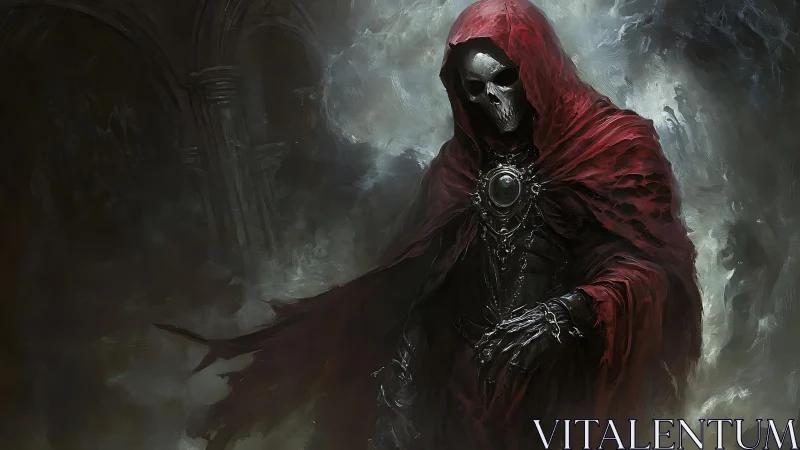 Hooded skeletal warlock emerges from swirling cathedral mist