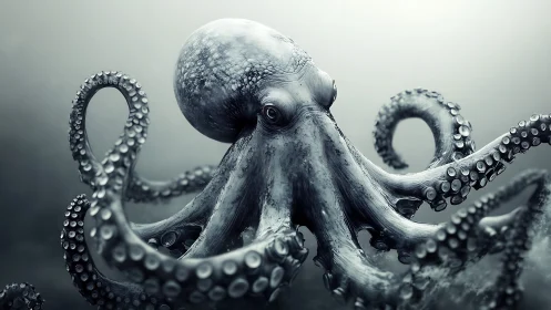 Storm-gray octopus unfurls swirling tendrils in misty deep.