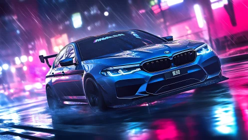 Blue sports sedan drifts through neon soaked rainy city street