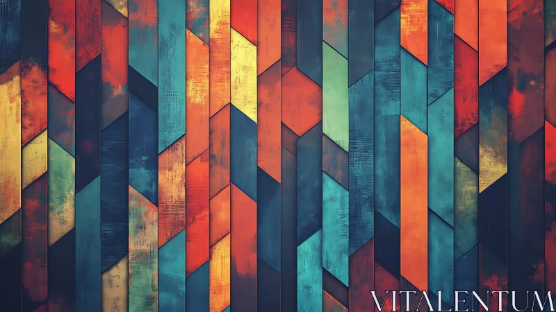 Colorful geometric wood panel pattern with vintage, rustic texture.