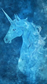 Monochrome blue digital rendering depicts a unicorn profile