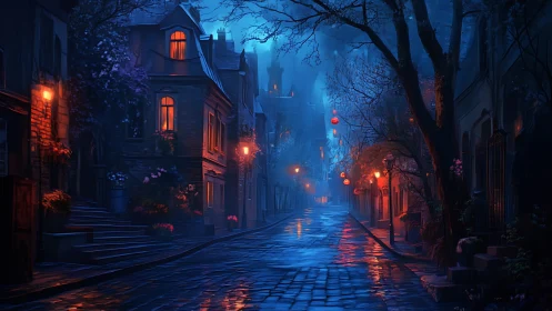 Foggy cobblestone street glows with blue and orange light