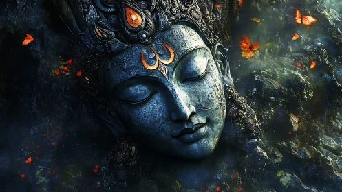 Silent stone deity dreaming amid firelit butterflies.
