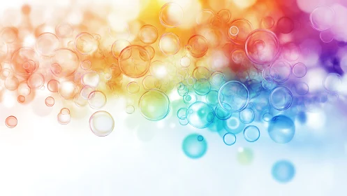 Translucent rainbow bubbles drift across radiant white field