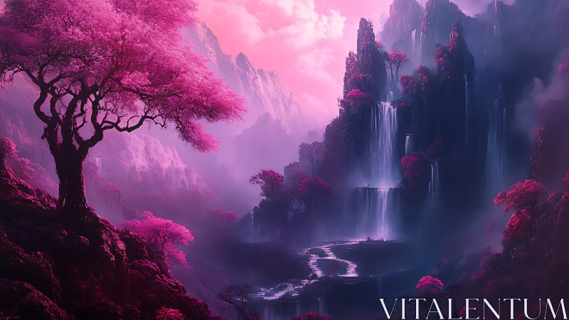 Pink fantasy waterfalls cascade through misty dark cliffs