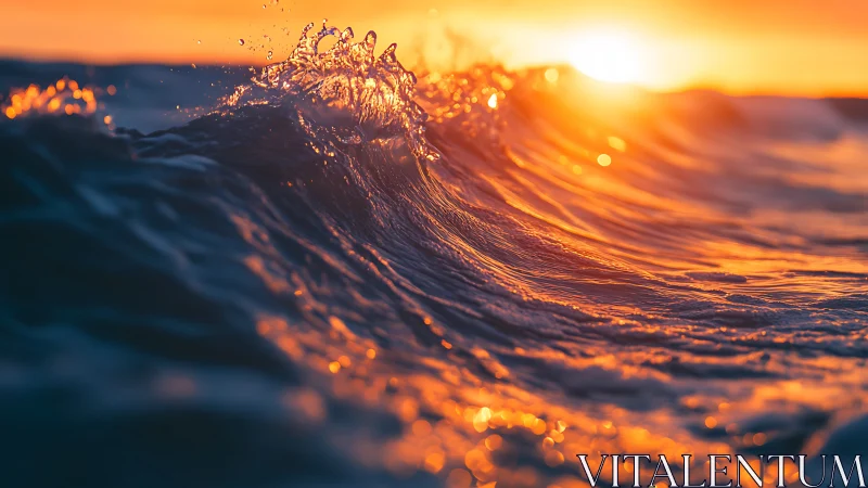 Shallow depth macro ocean wave captures intense sunset refraction